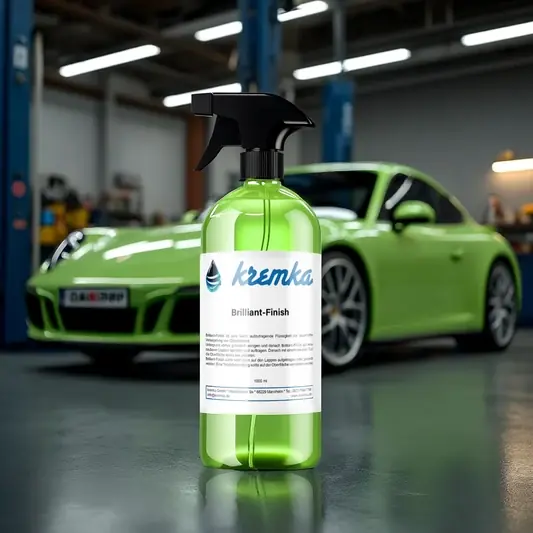 Kremka Brilliant-Finish Autopflegeprodukt vor einem grünen Sportwagen